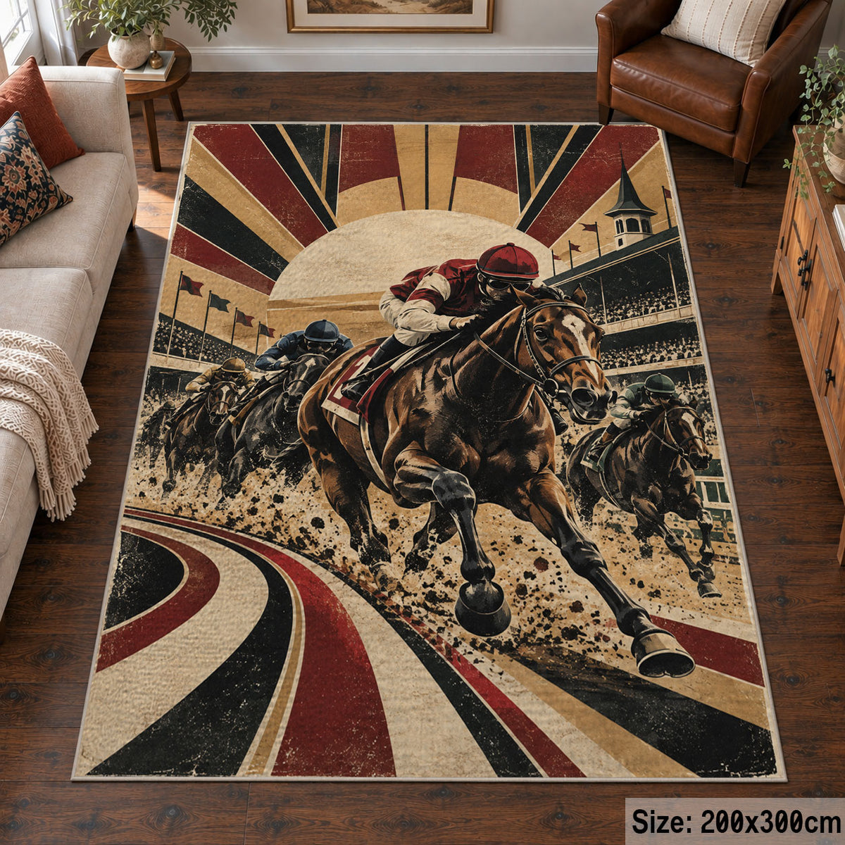 Racehorses and Sunburst Track area rug in warm ochre, burgundy and slate, view 6