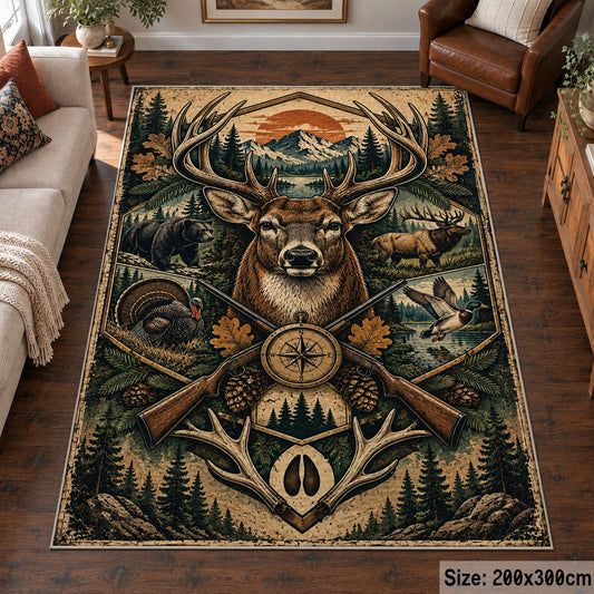 Deer Antler Compass Emblem area rug in pine green, tan and copper, view 6