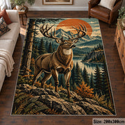 Stag in a Pine Forest area rug in sunset orange, forest green and tan, view 6