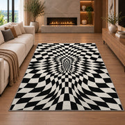 Warped Checkerboard Area Rug, Black Cream Optical Illusion Rug, Bold Geometric Room Decor - Image 6