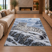 Snow Leopard Mountain Rug in a living room with a fireplace