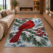 Cardinal on Snowy Branch Rug in a living room with a fireplace