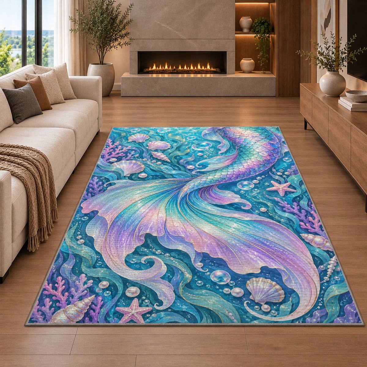 Shimmering Mermaid Tail Rug in a living room with a fireplace