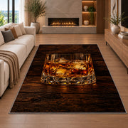 Whiskey on the Rocks Rug in a living room with a fireplace