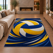 Swirling Volleyball Rug in a living room with a fireplace