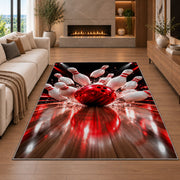 Bowling Strike Rug in a living room with a fireplace