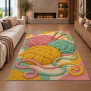 Yarn Balls and Knitting Needles Rug in a living room with a fireplace