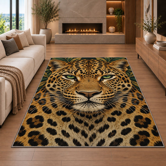 Leopard Face Close-Up Rug in a living room with a fireplace