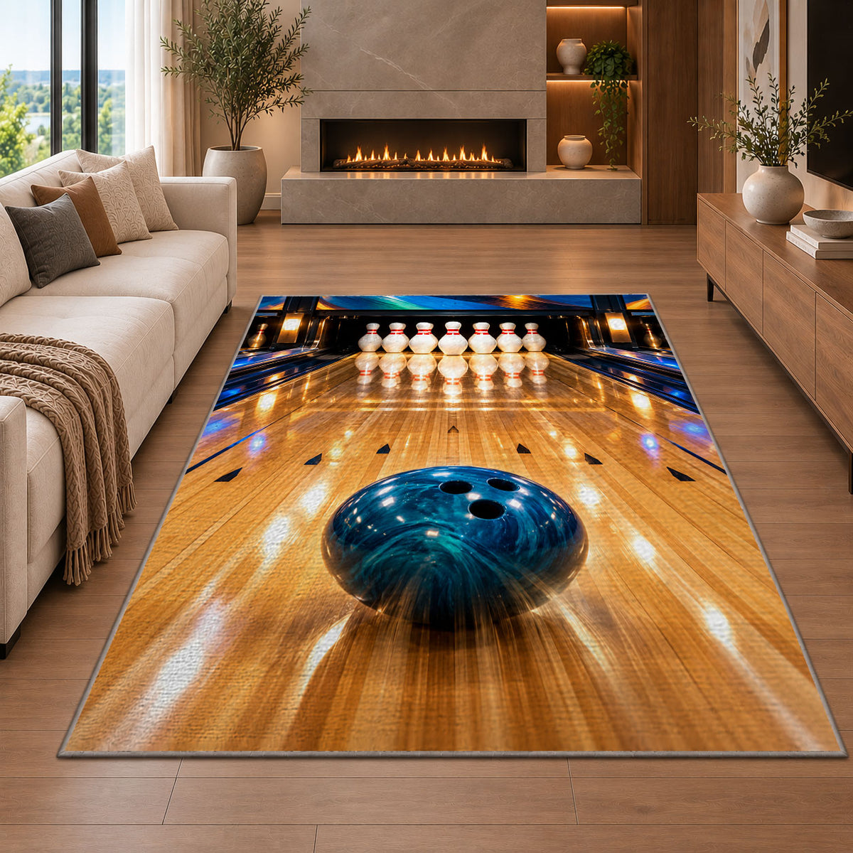 Bowling Lane Perspective Rug in a living room with a fireplace