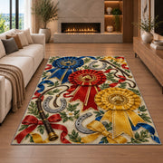 Horse Show Rosette Ribbons Rug in a living room with a fireplace