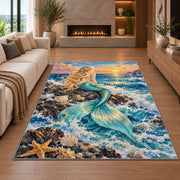 Mermaid on the Rock Rug in a living room with a fireplace