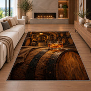 Oak Barrel and Whiskey Rug in a living room with a fireplace