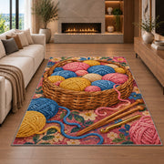 Basket of Yarn Rug in a living room with a fireplace