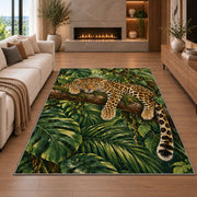 Leopard Resting on Tree Branch Rug in a living room with a fireplace