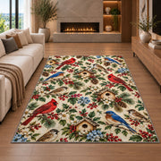 Backyard Birds Pattern Rug in a living room with a fireplace