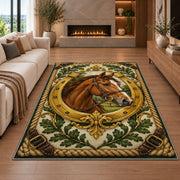 Horse Head in Horseshoe Rug in a living room with a fireplace
