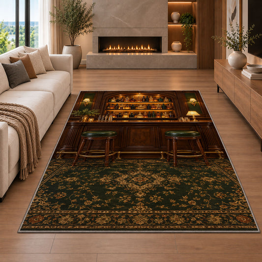 Classic Bar Room Rug in a living room with a fireplace