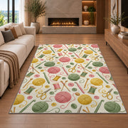 Knitting Tools Pattern Rug in a living room with a fireplace
