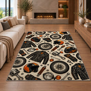 Biker Gear Pattern Rug in a living room with a fireplace