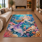 Underwater Castle Mermaid Rug in a living room with a fireplace