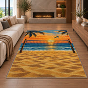 Beach Volleyball Sunset Rug in a living room with a fireplace