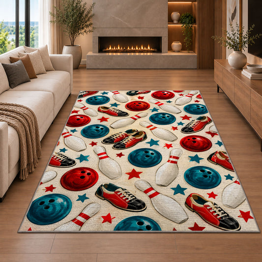 Bowling Pattern Rug in a living room with a fireplace