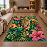 Leopard in Tropical Leaves Rug in a living room with a fireplace