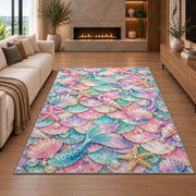 Mermaid Scales and Shells Pattern Rug in a living room with a fireplace