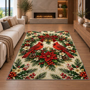 Two Cardinals and Wreath Rug in a living room with a fireplace
