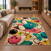 Retro 50s Bowling Rug in a living room with a fireplace