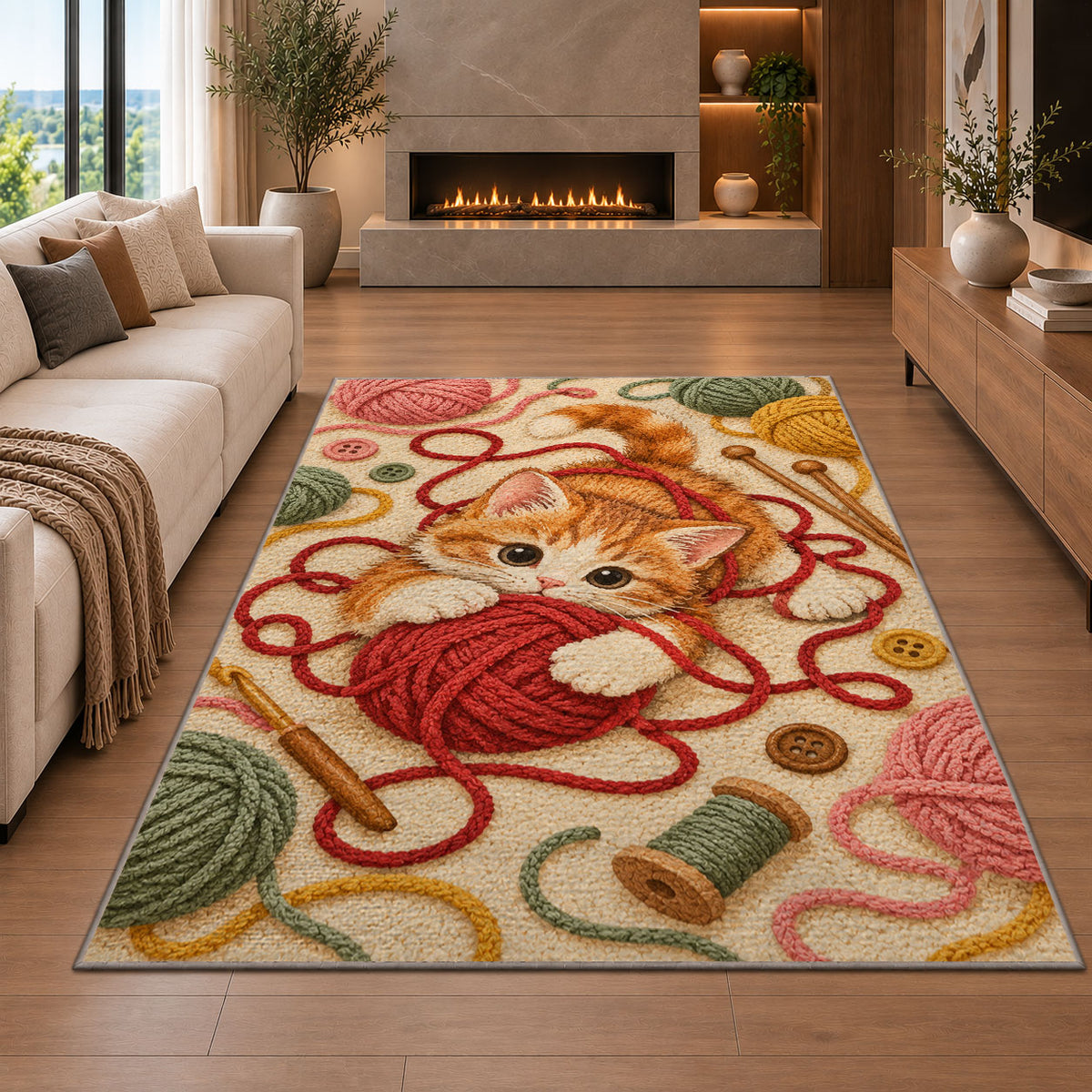 Kitten Playing with Yarn Rug in a living room with a fireplace
