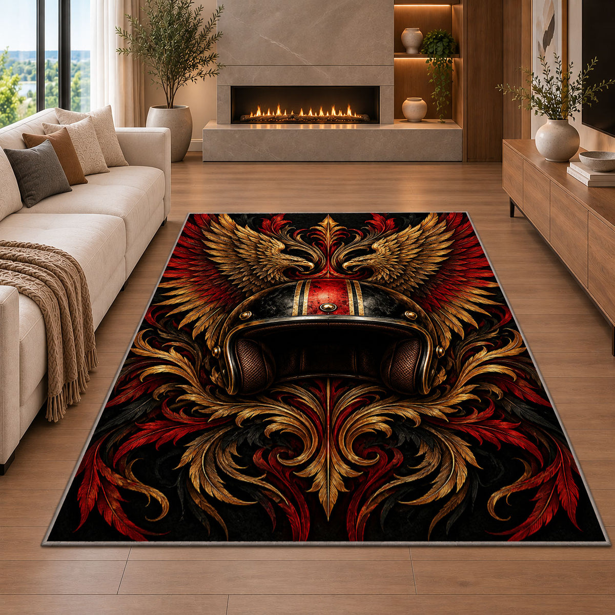 Winged Motorcycle Helmet Rug in a living room with a fireplace