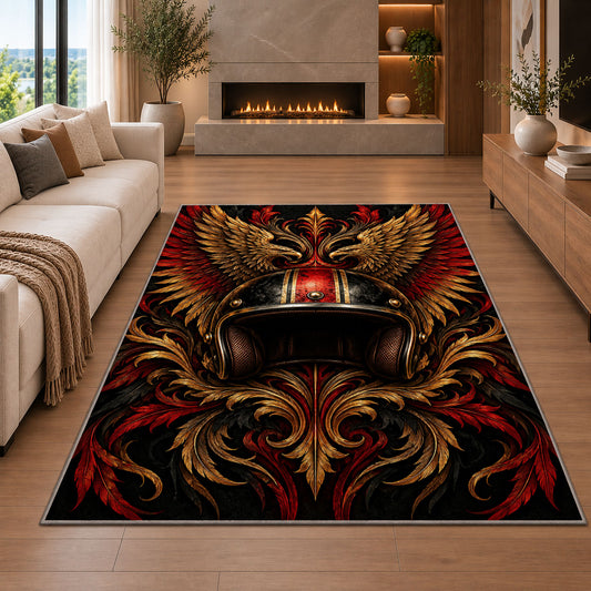 Winged Motorcycle Helmet Rug in a living room with a fireplace