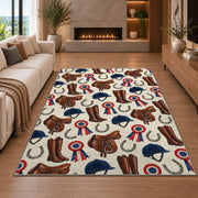 Equestrian Gear Pattern Rug in a living room with a fireplace