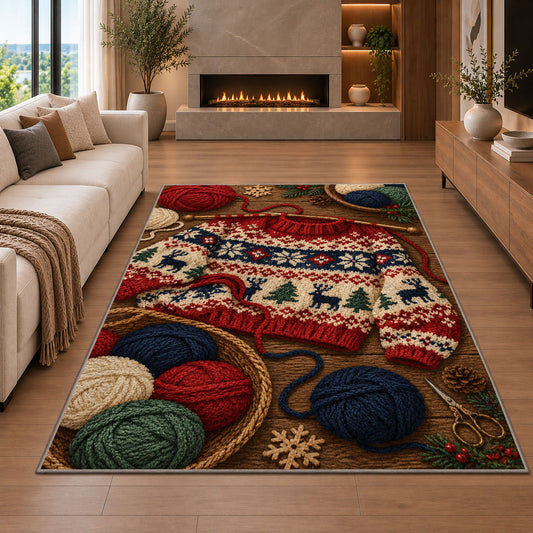 Nordic Sweater Knitting Rug in a living room with a fireplace