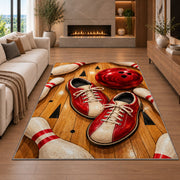 Bowling Shoes Rug in a living room with a fireplace