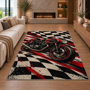 Racing Motorcycle Checkered Rug in a living room with a fireplace