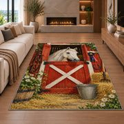 Red Barn Door Horse Rug in a living room with a fireplace