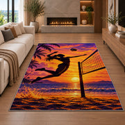 Volleyball Spike Silhouette Rug in a living room with a fireplace