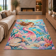 Baby Mermaid and Dolphin Nursery Rug in a living room with a fireplace