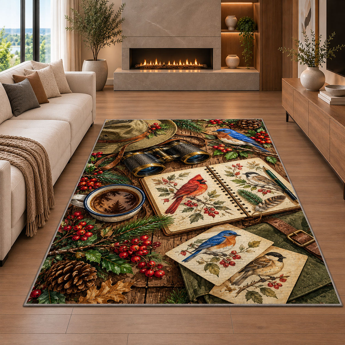 Birdwatching Gear Rug in a living room with a fireplace