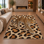 Leopard on Leopard Print Rug in a living room with a fireplace
