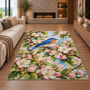 Bluebird on Blossom Branch Rug in a living room with a fireplace