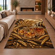 Barley and Whiskey Rug in a living room with a fireplace