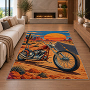 Chopper on Desert Highway Rug in a living room with a fireplace