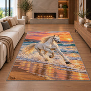White Horse on Beach Rug in a living room with a fireplace