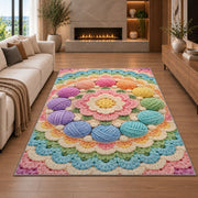 Circle of Yarn Balls Rug in a living room with a fireplace