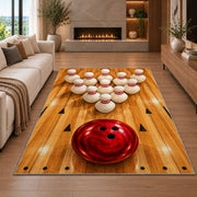 Bowling Pins Triangle Rug in a living room with a fireplace