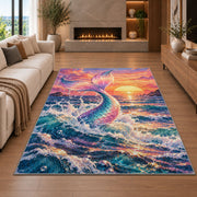 Mermaid Tail at Sunset Rug in a living room with a fireplace