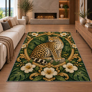 Vintage Leopard Oval Frame Rug in a living room with a fireplace